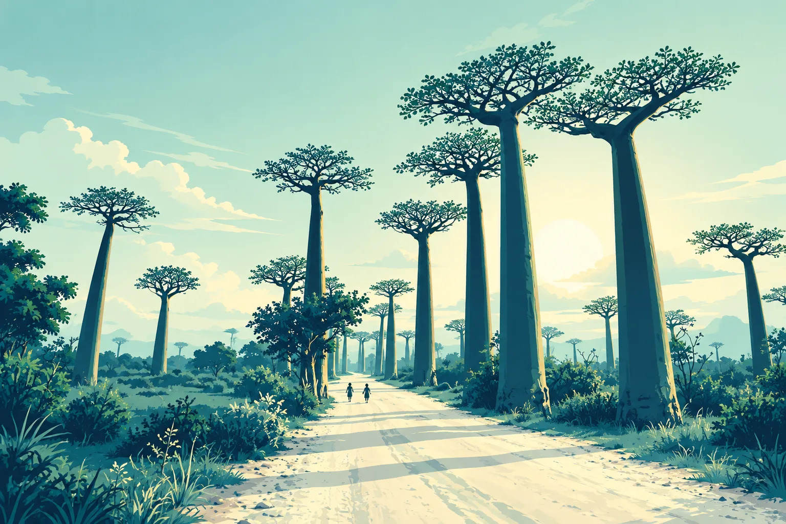 Madagascar’s Avenue of the Baobabs, illustrated in 2D in VAM’s teal and mint palette.